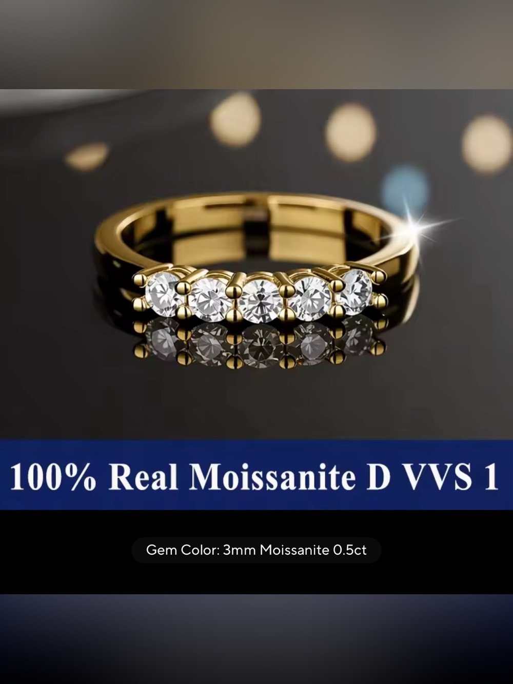 Five-Stone Gold Moissanite Ring in Gold - D VVS1 Sparkle